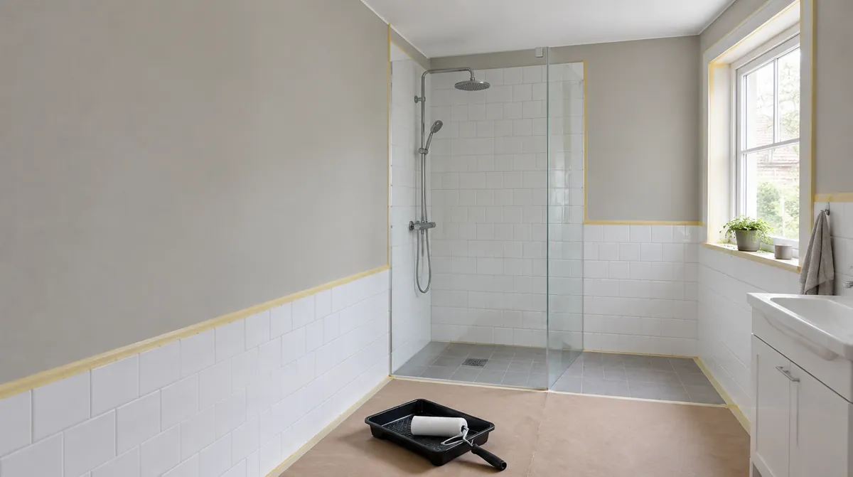Image of masked tile edges and painted wall surfaces in a bathroom.