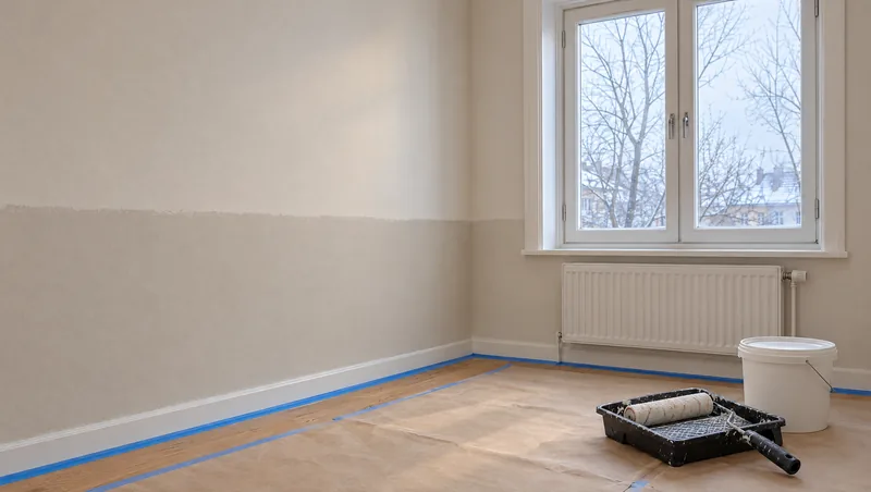 Roller and paint tray on protective paper in a room with a closed window and radiator.