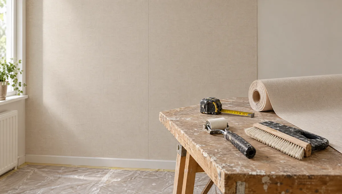 Tapetrulle, måttband, roller och borste på ett arbetsbord framför en beige tapetserad vägg.