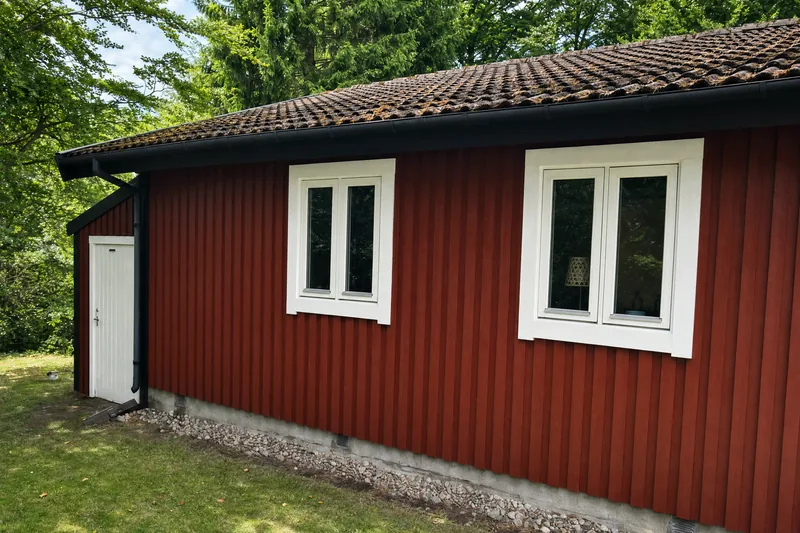 Red timber façade with white windows at NLL's project in Lycke