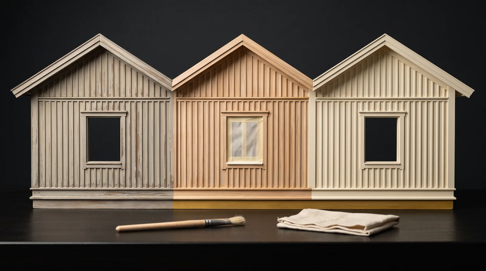 Three illustrated timber façades with different surface finishes.