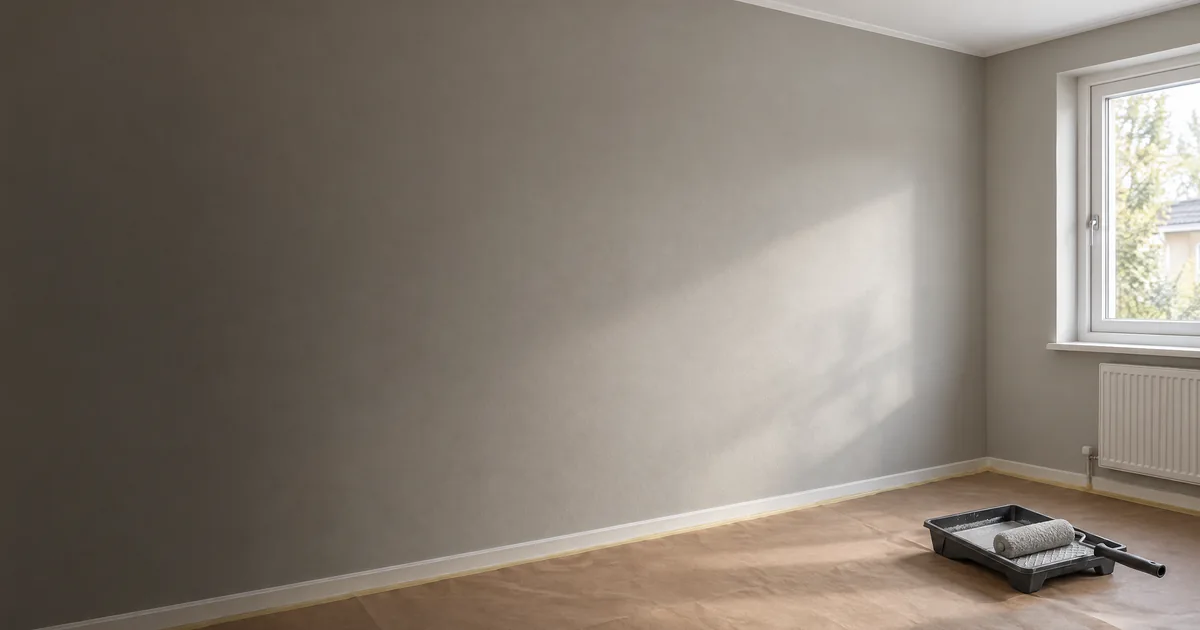 Illustration av en grå innervägg med roller i färgtråg och täckt golv.