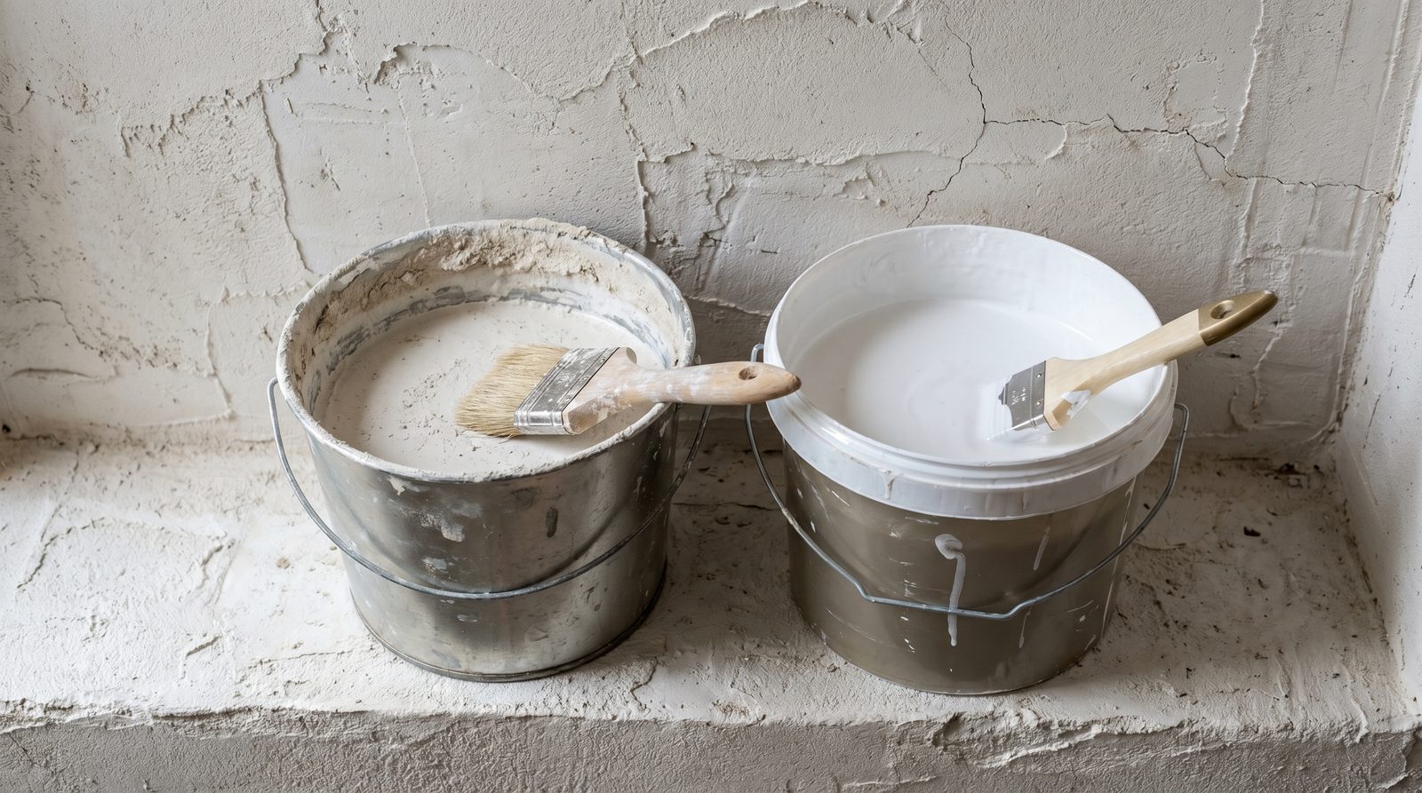Plastfärg och mineralfärg på puts