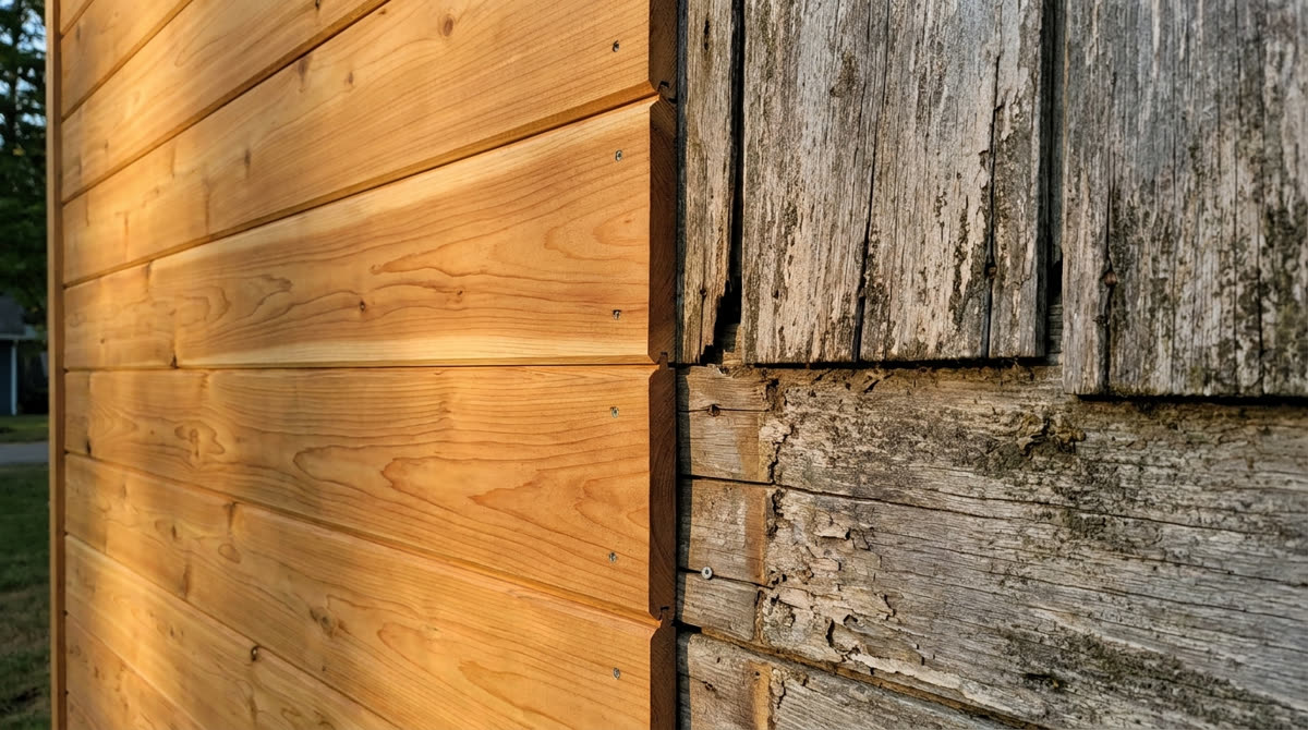 Friskt trä kan målas om; rötskadad panel byts ut.