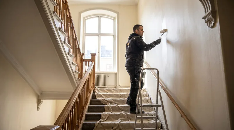Målare rollar en ljus vägg från en stege i ett trapphus med trähandledare.